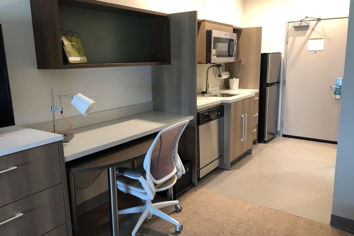 full-sized fridge, microwave, dishwasher, coffee/tea maker