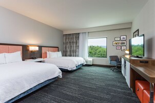 A hotel room with two beds, a desk with a TV, a chair, and a window with a view of greenery.