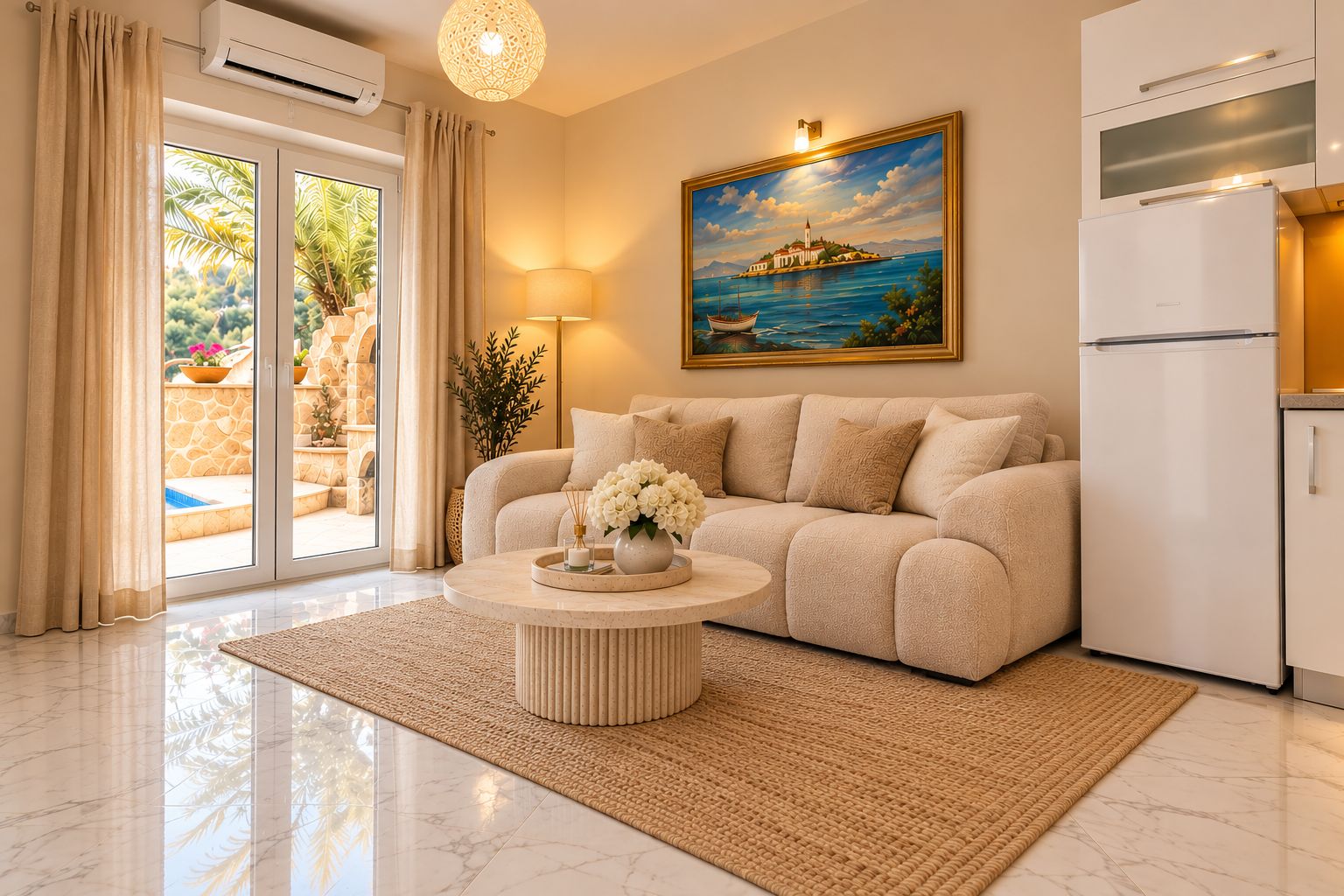 A modern living room with a beige sofa, a round coffee table with a vase, a painting of a coastal scene, and a kitchen area with a white refrigerator.