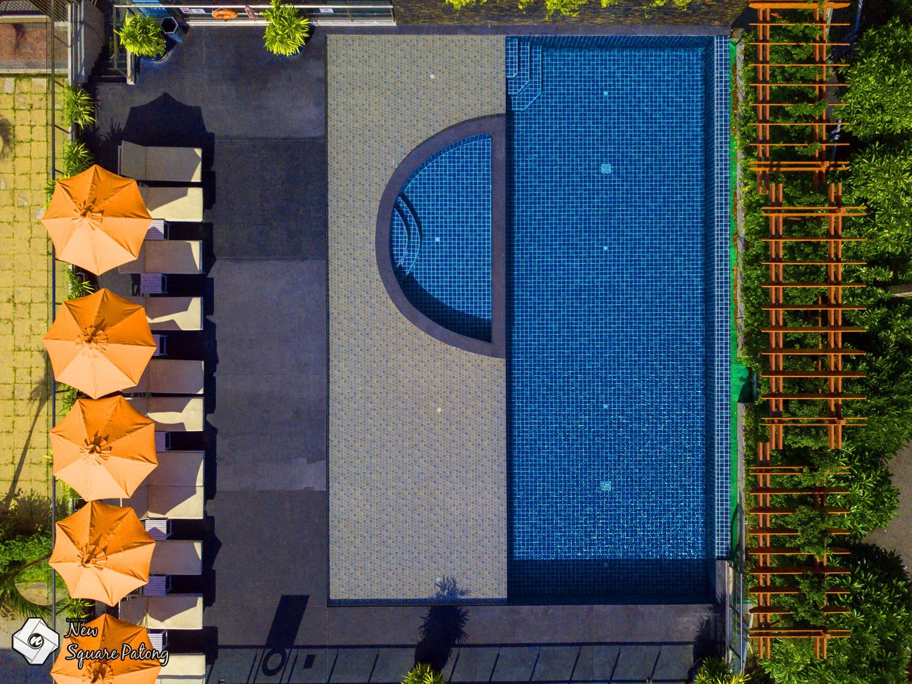 Vue aérienne d’une piscine dont le bord est revêtu de carreaux, entourée de chaises longues et de parasols.