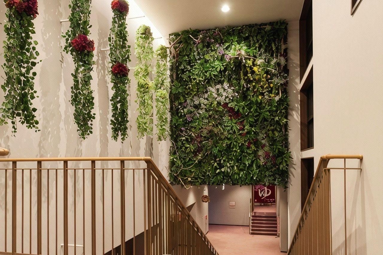 A staircase with a wooden handrail and a wall adorned with vertical green vines and red flowers.