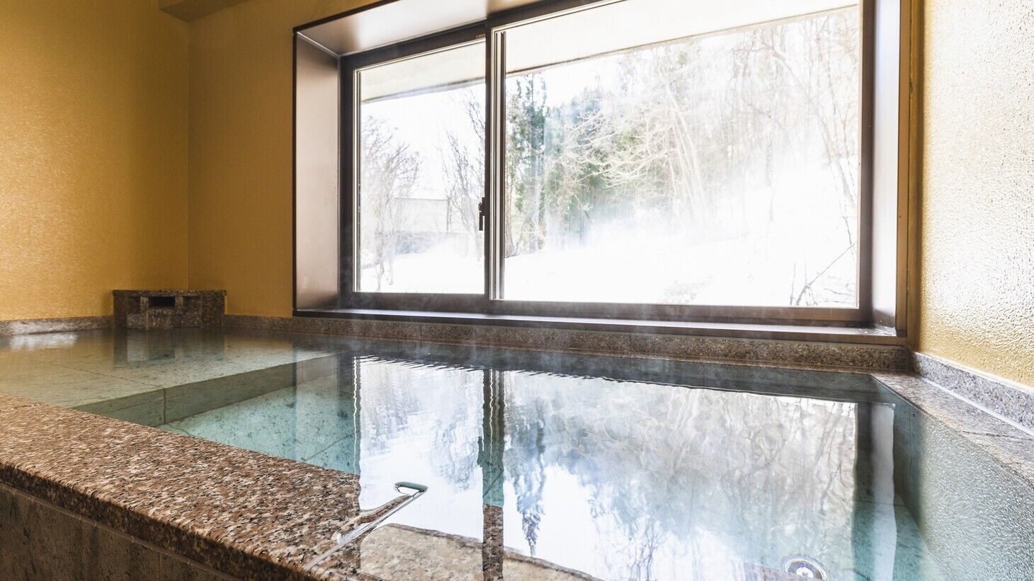 A clear indoor swimming pool with a view of trees outside through a large window.