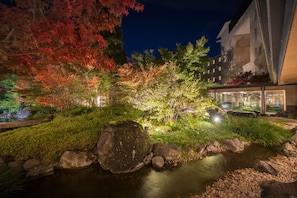 Escape to a serene garden oasis with a tranquil water stream and lush greenery.