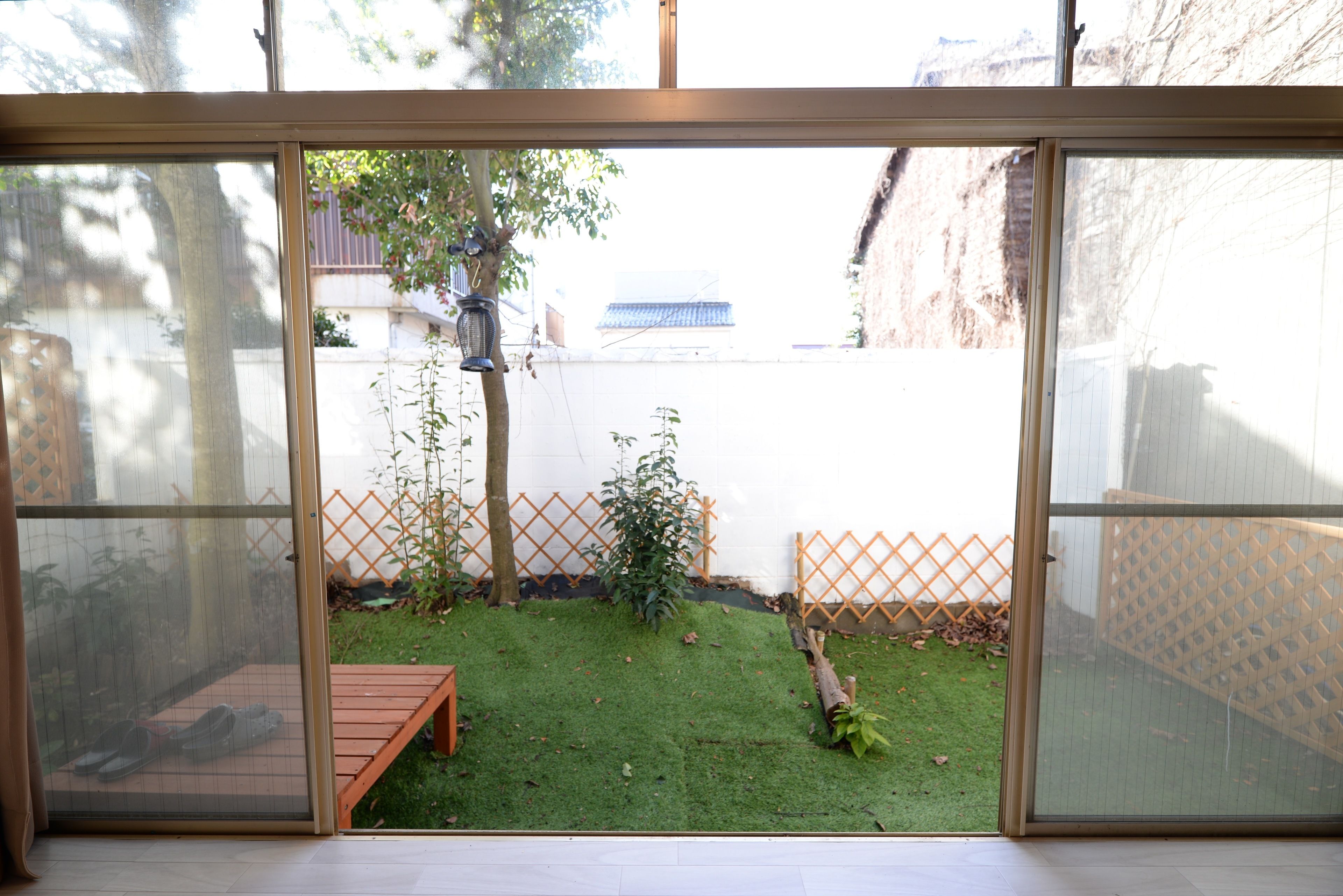 A view through a sliding glass door into a backyard with a wooden bench, a small tree, and a fence.