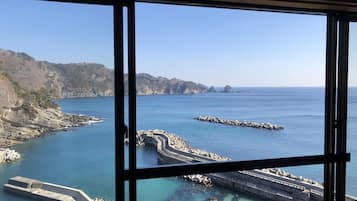 A coastal view through a window with a clear sky, rocky coastline, and a calm sea.