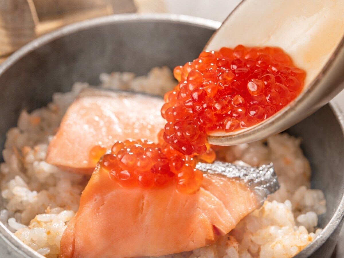 A pot with salmon and rice.