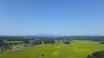 A rural landscape with green fields, a few buildings, and mountains in the background.