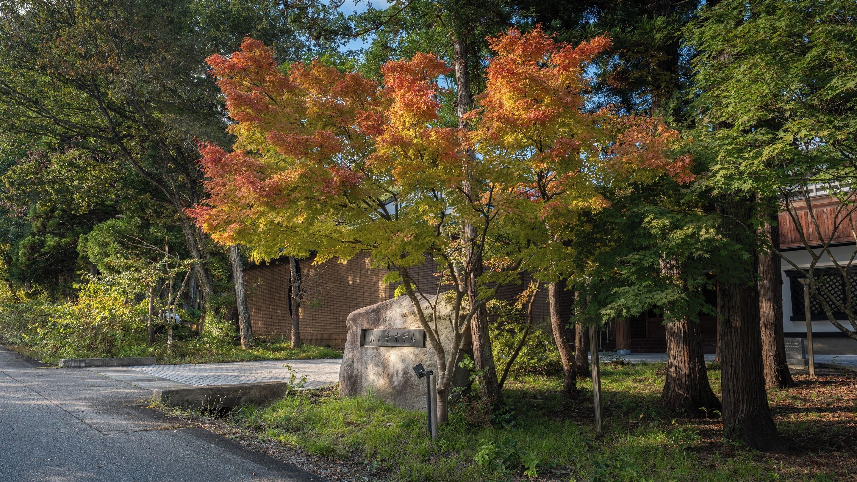 Un monumento de piedra con caracteres japoneses, rodeado de árboles con follaje otoñal, un sendero pavimentado y un edificio de diseño tradicional al fondo.
