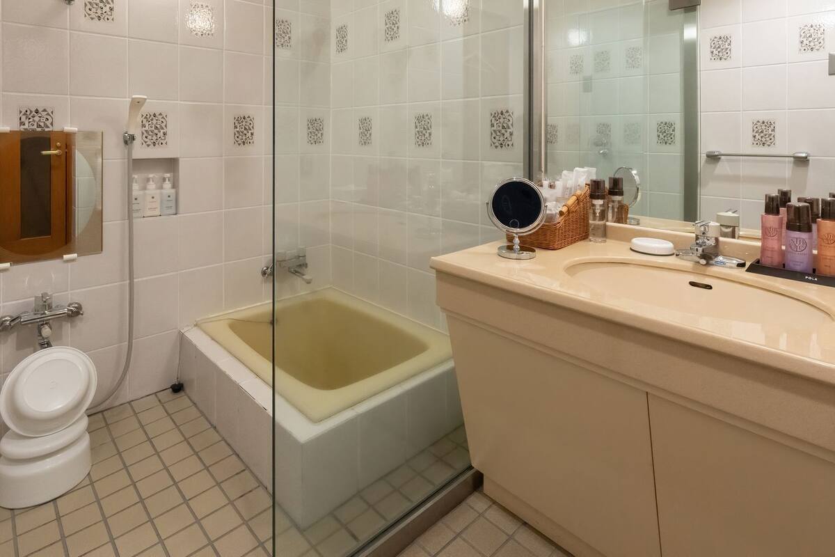 Separate bathtub and shower, free toiletries, hair dryer, slippers