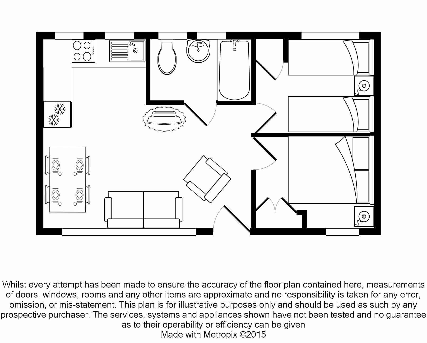 A floor plan of a hotel room with a kitchenette, a bathroom, a living area with a sofa and a TV, and a small dining table.