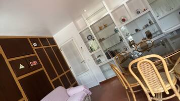 Smart TV, fireplace, books, stereo