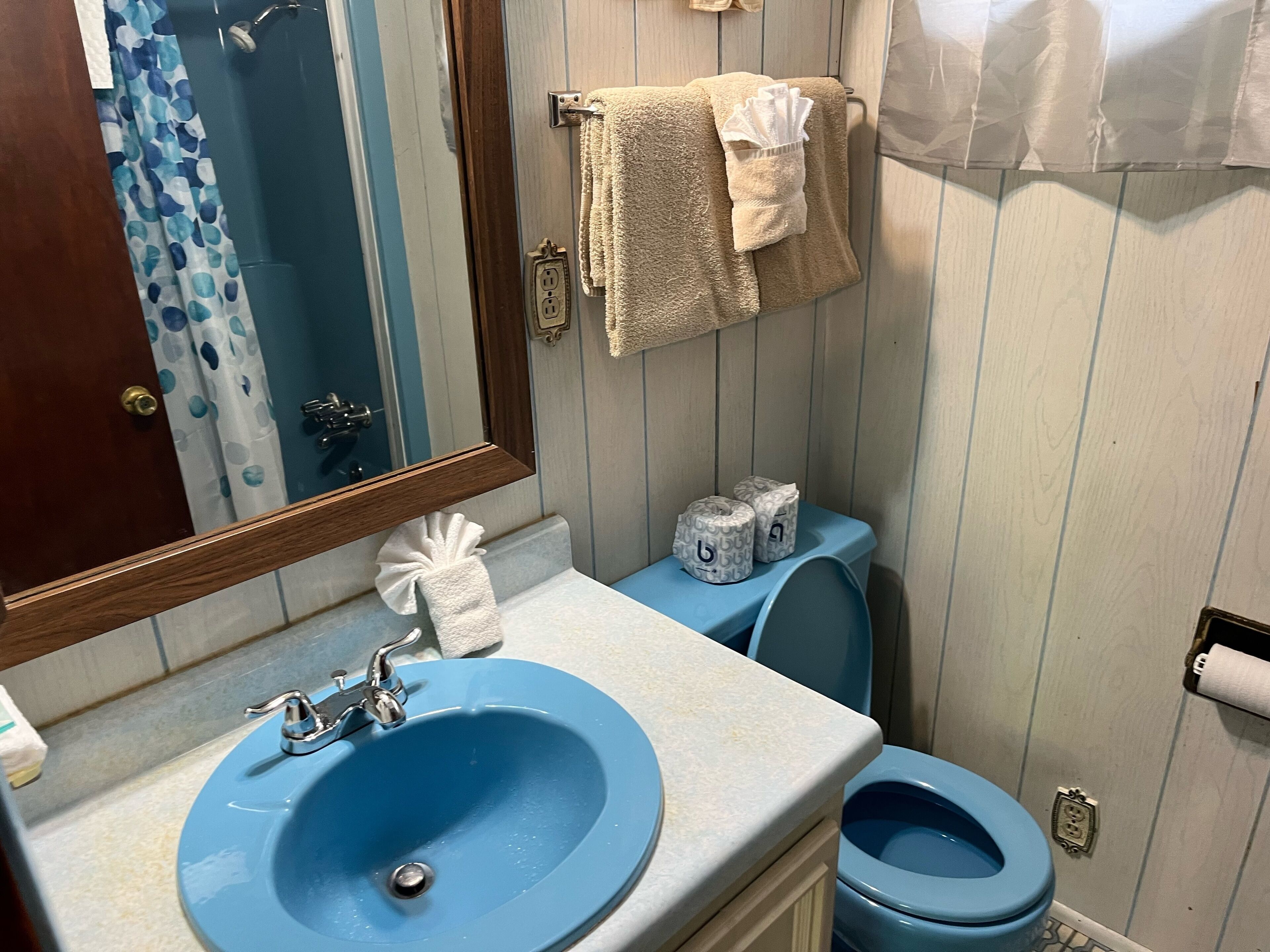 A bathroom with a blue sink, a toilet, and a shower curtain.
