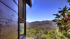 Un edificio de madera con vistas a una cadena montañosa boscosa.
