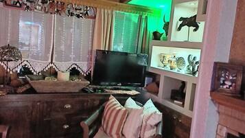 Flat-screen TV, fireplace