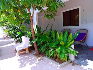 A patio area with a white chair, a wicker chair, and a potted plant. - Lilly Holiday Hotel (Siem Reap)