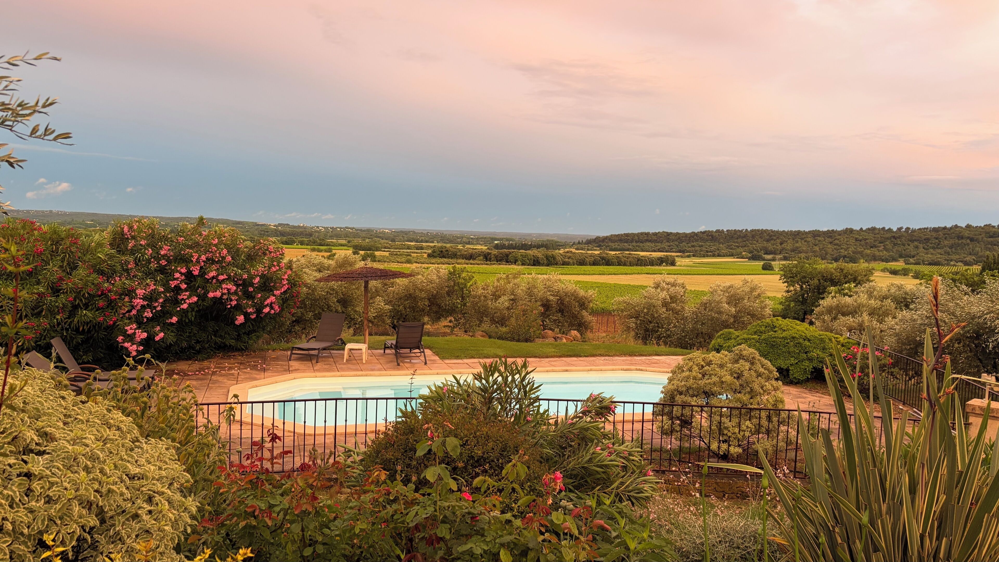 A swimming pool surrounded by lush greenery and a view of distant fields.