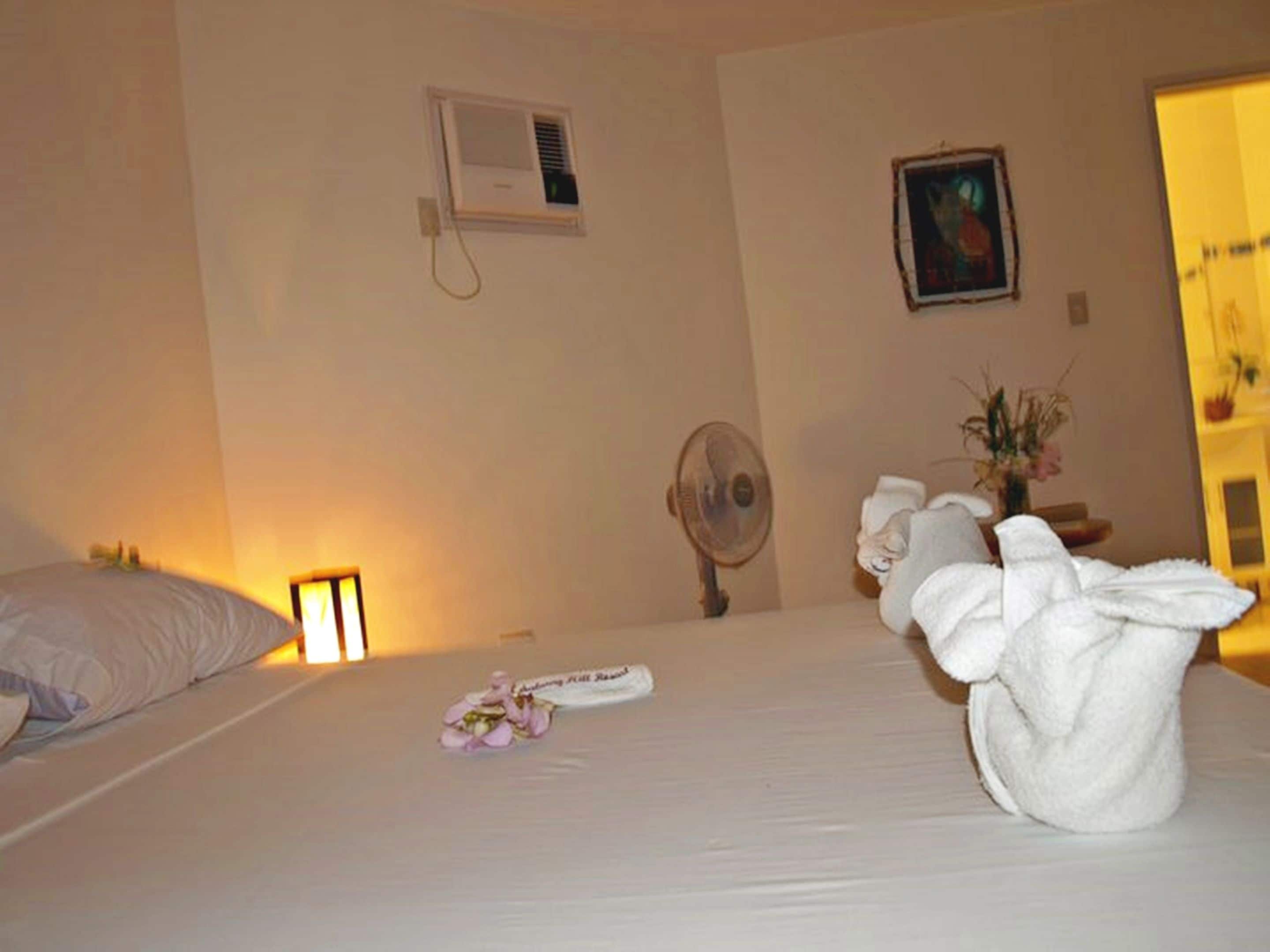A hotel room with a bed, a bedside fan, a wall-mounted air conditioner, and a framed picture.