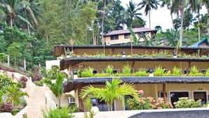 A hotel with a staircase leading to multiple levels, surrounded by lush greenery and palm trees. - Oriental Sabang Hill Resort (Puerto Galera)