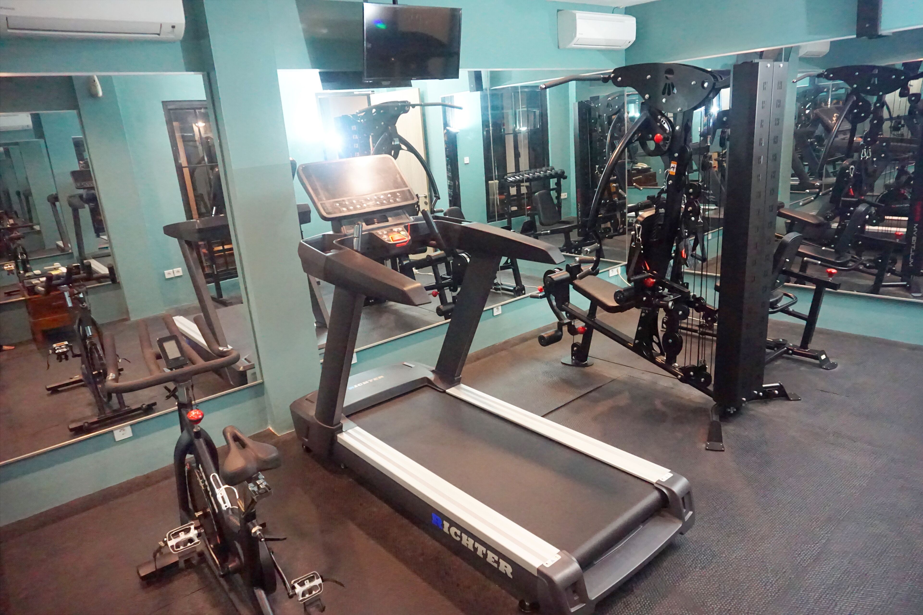 A gym with a treadmill, exercise bike, and various weight machines.