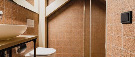 Un baño con inodoro blanco, lavamanos con recipiente amplio y zona de ducha con puerta de cristal.