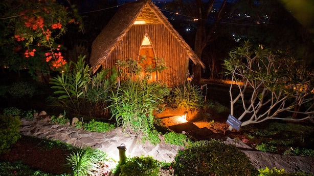 A rustic wooden cabin with a thatched roof, surrounded by lush greenery and flowering plants, illuminated by warm lighting.