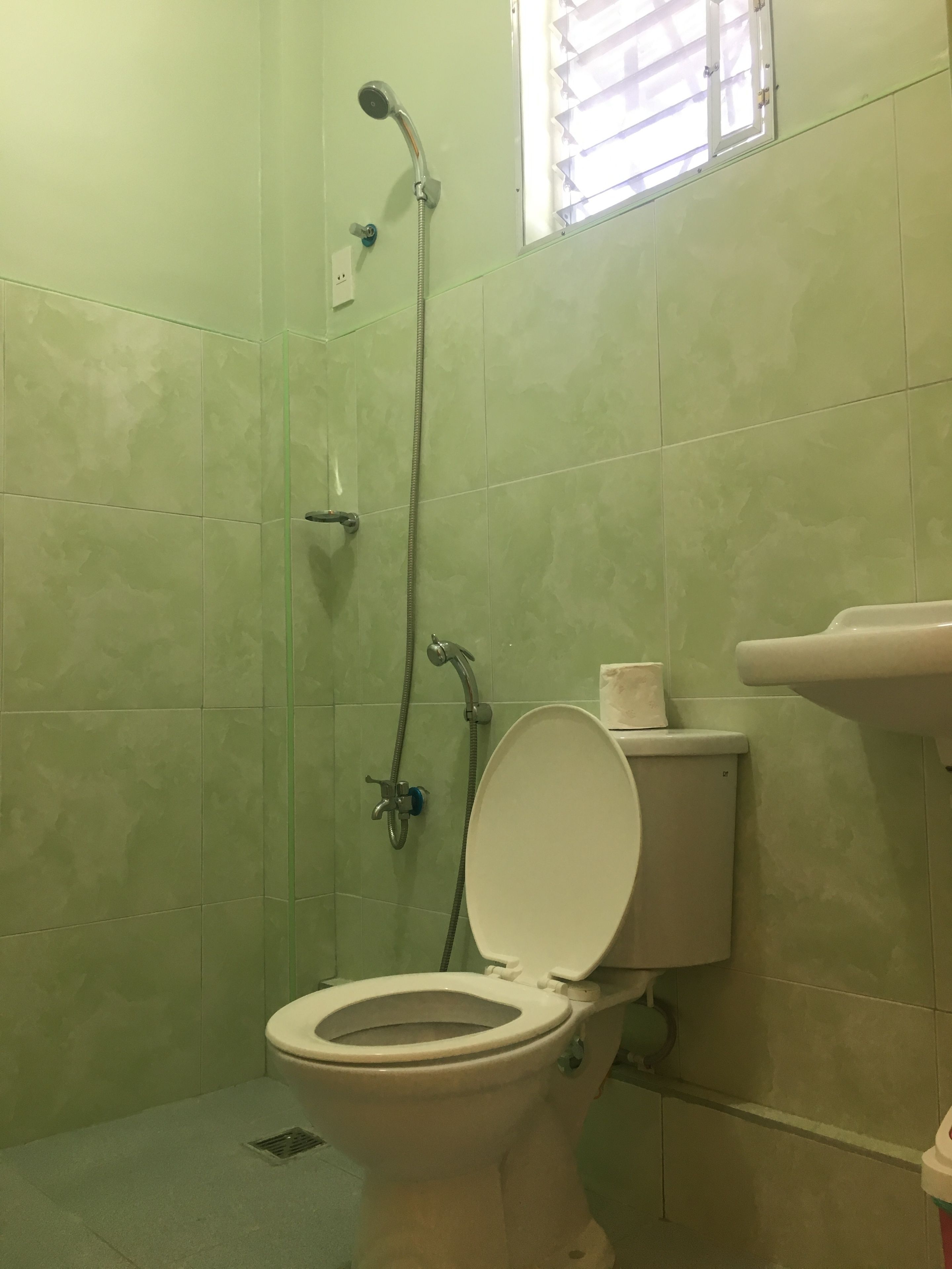 Une salle de bain avec des toilettes, une douche et une fenêtre.