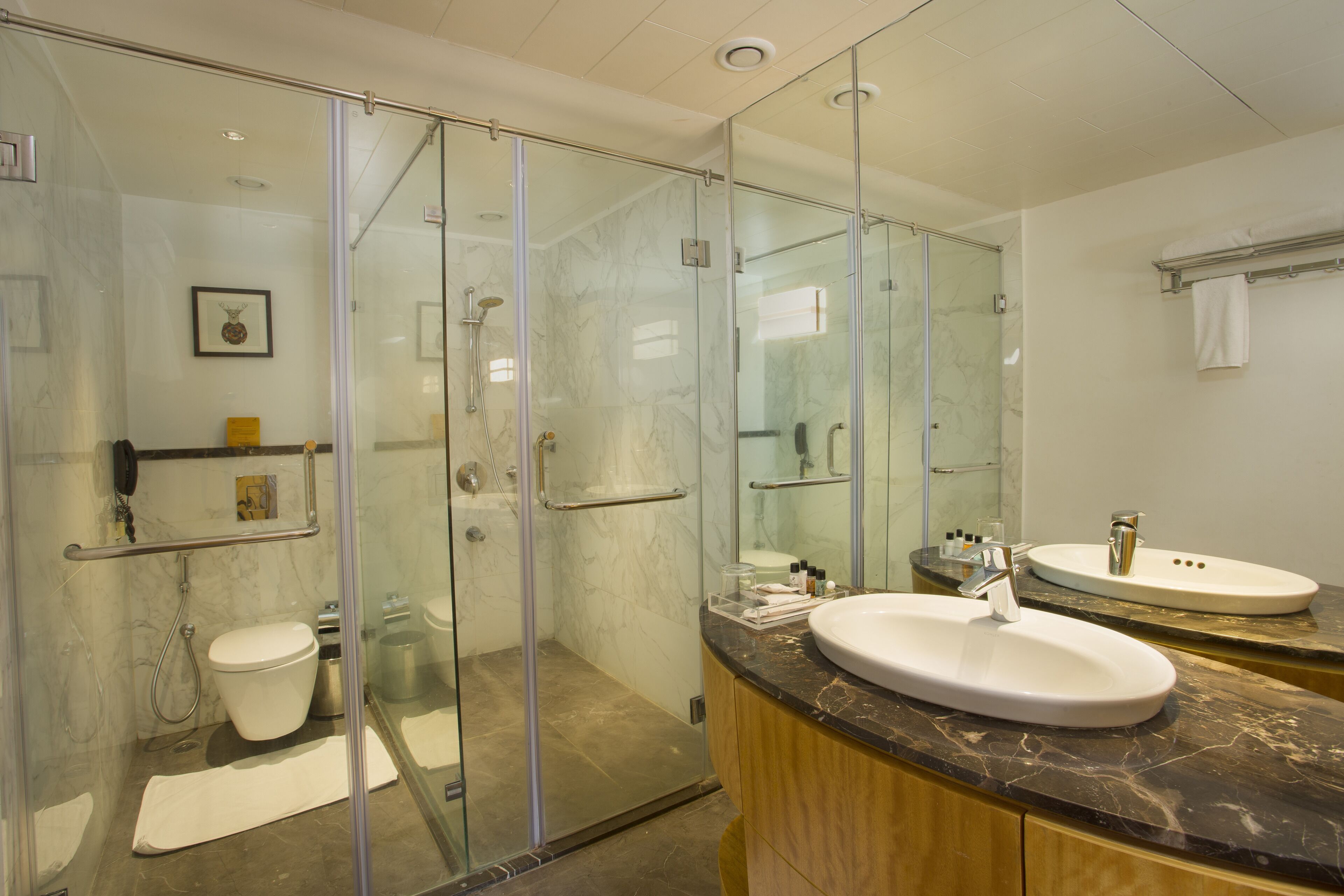 A modern bathroom with a glass-enclosed shower, two sinks, and a marble countertop.