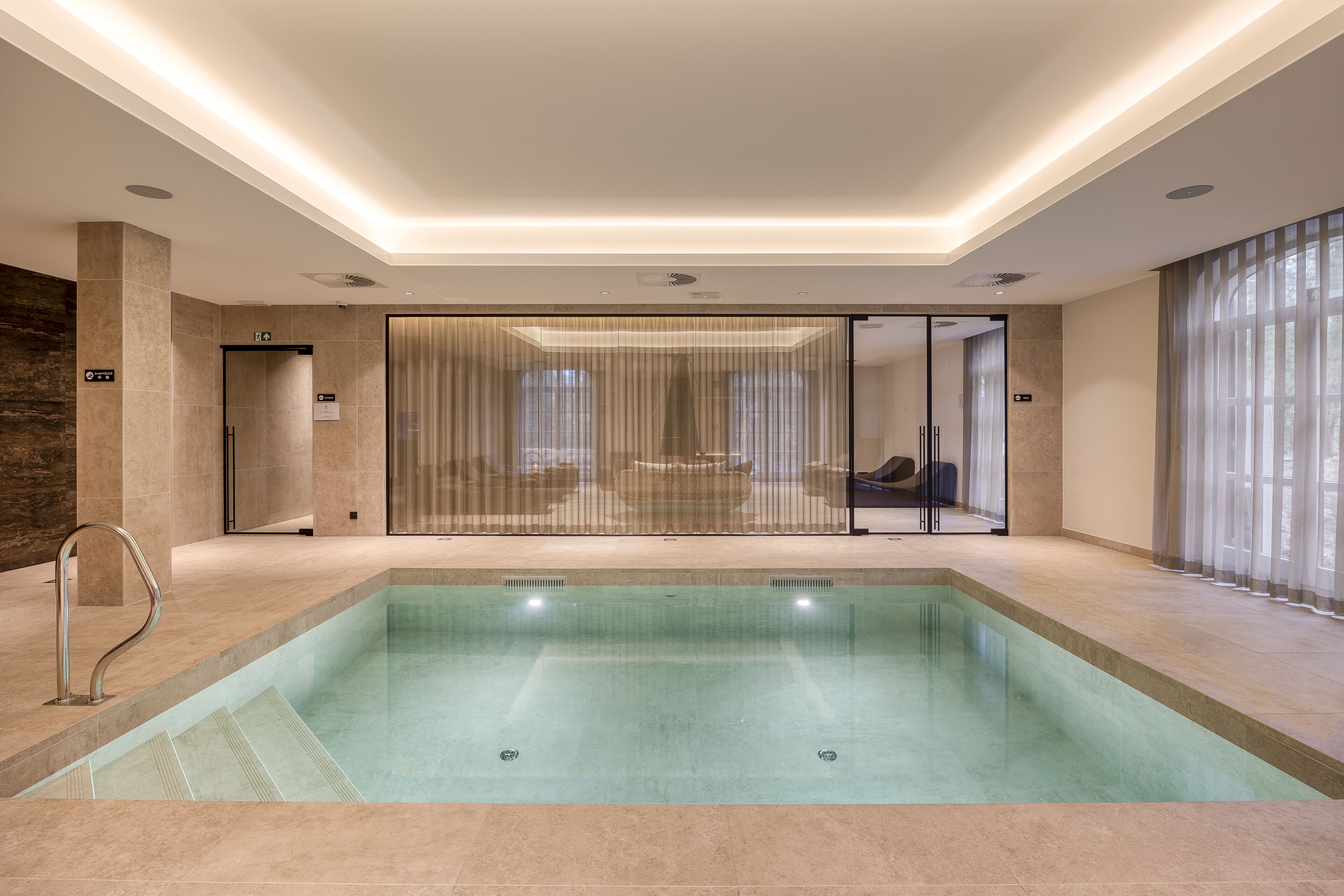 indoor pool, outdoor pool, pool loungers