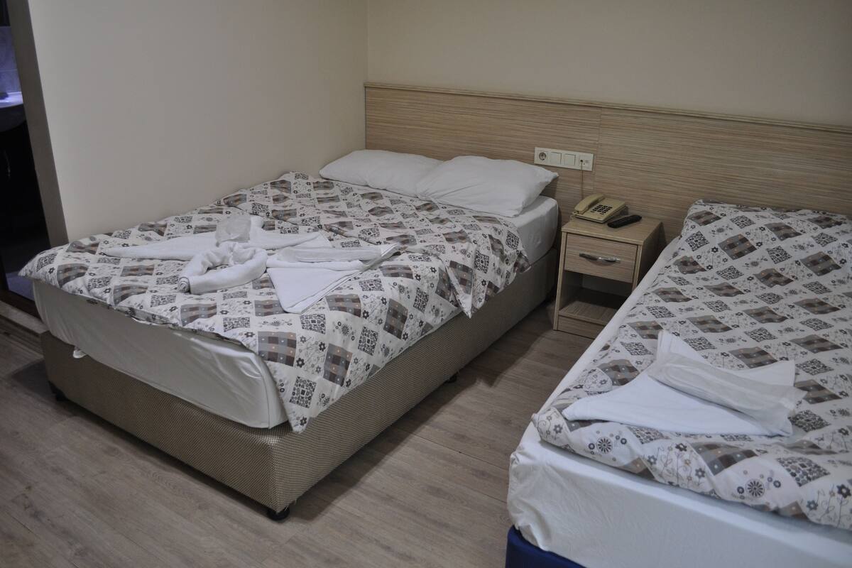 A hotel room with two beds, each with patterned bedding and a wooden headboard. There is a bedside table with a telephone and a drawer.