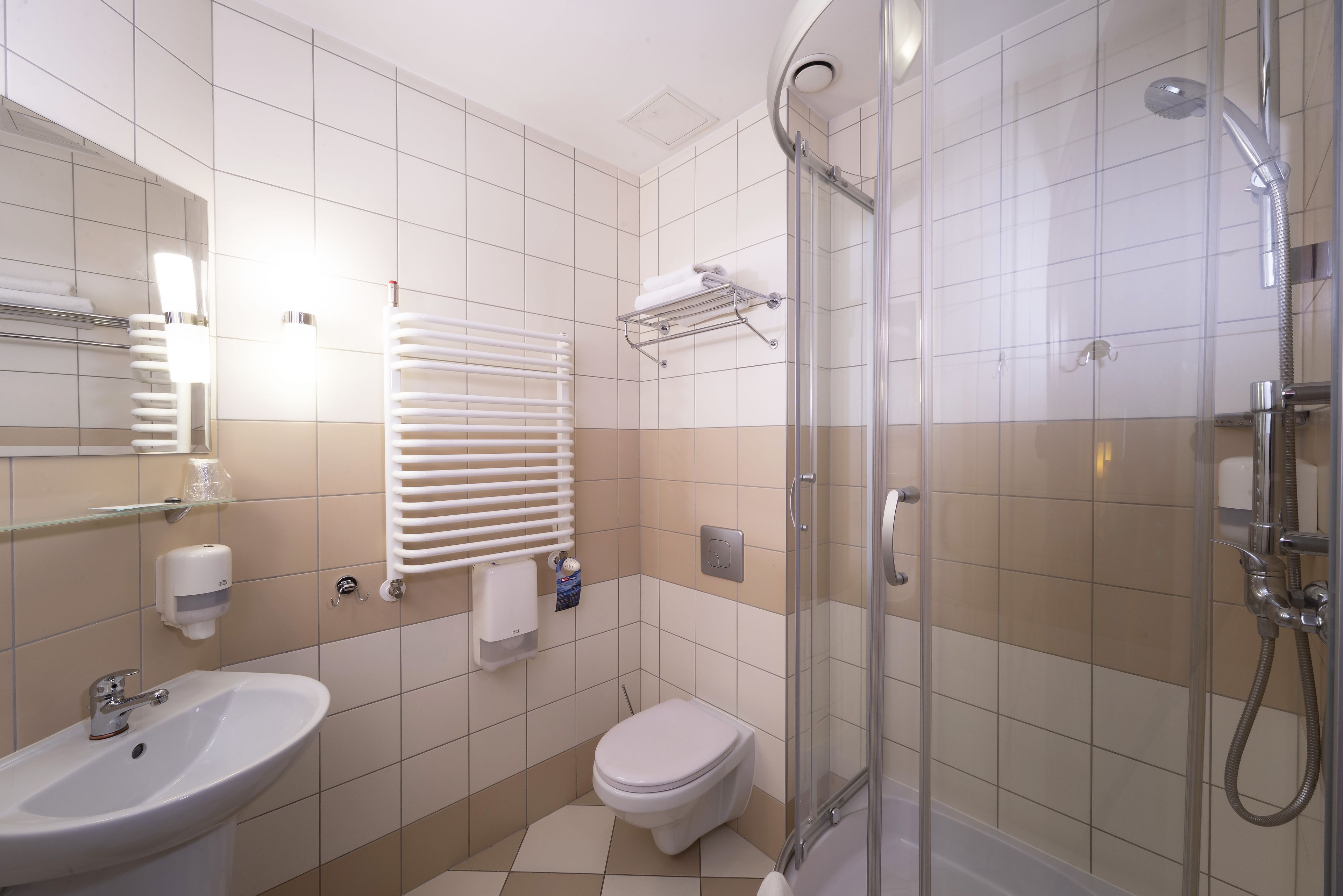 Un baño moderno con ducha de vidrio, un lavamanos blanco y un inodoro.