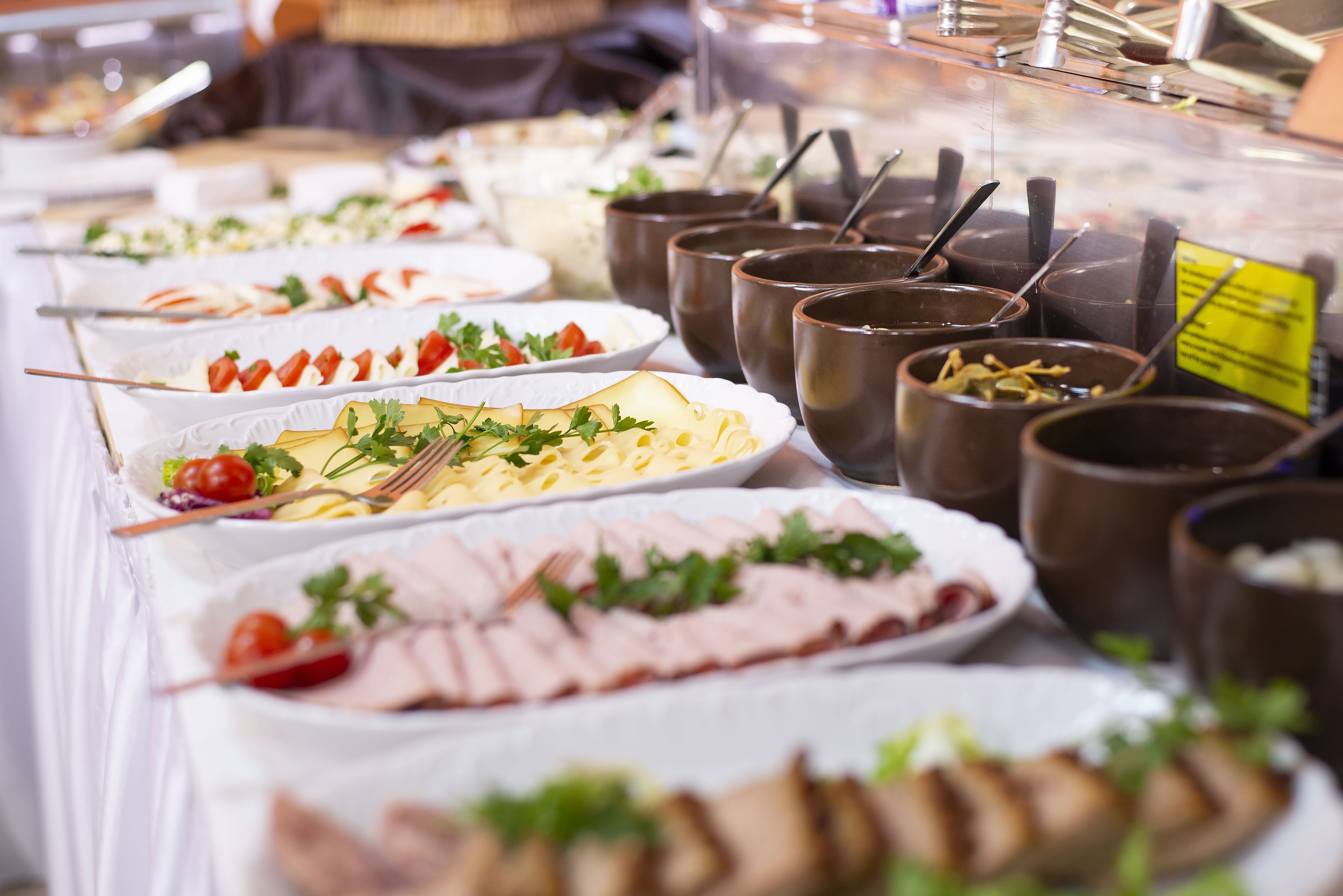 Un bufé con diversas opciones de comida, incluyendo brochetas, queso y carne, dispuestas en cuencos y platos.