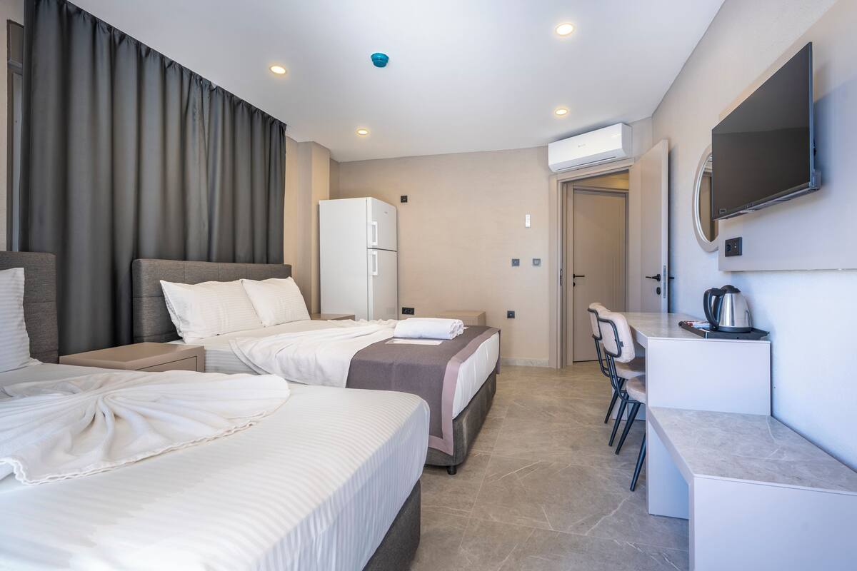 A hotel room with two beds, a desk, a chair, a television, and a kitchenette.