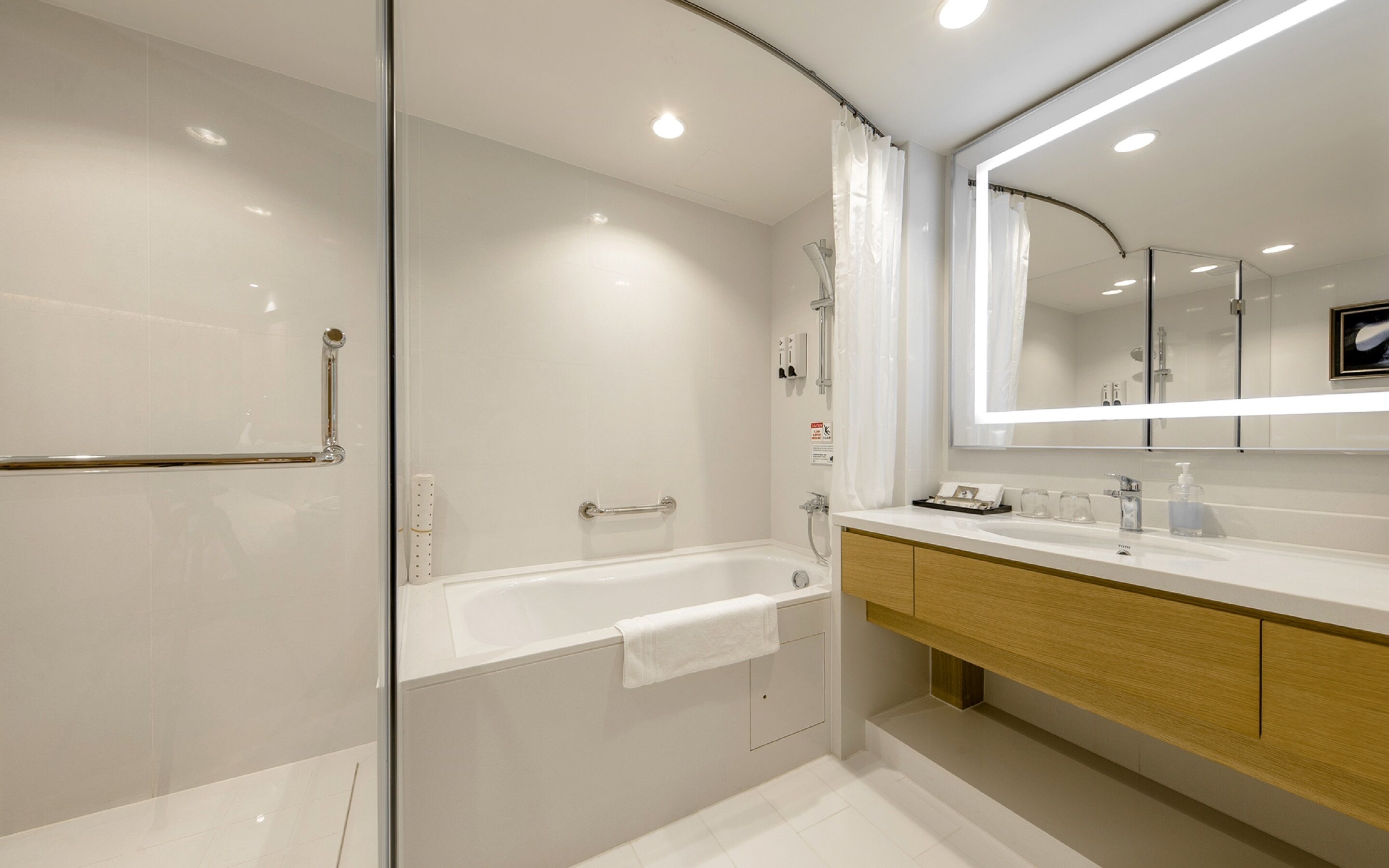 deluxe suite (partly non-smoking room (with closed window)) | bathroom | combined shower/bathtub, deep-soaking bathtub, free toiletries