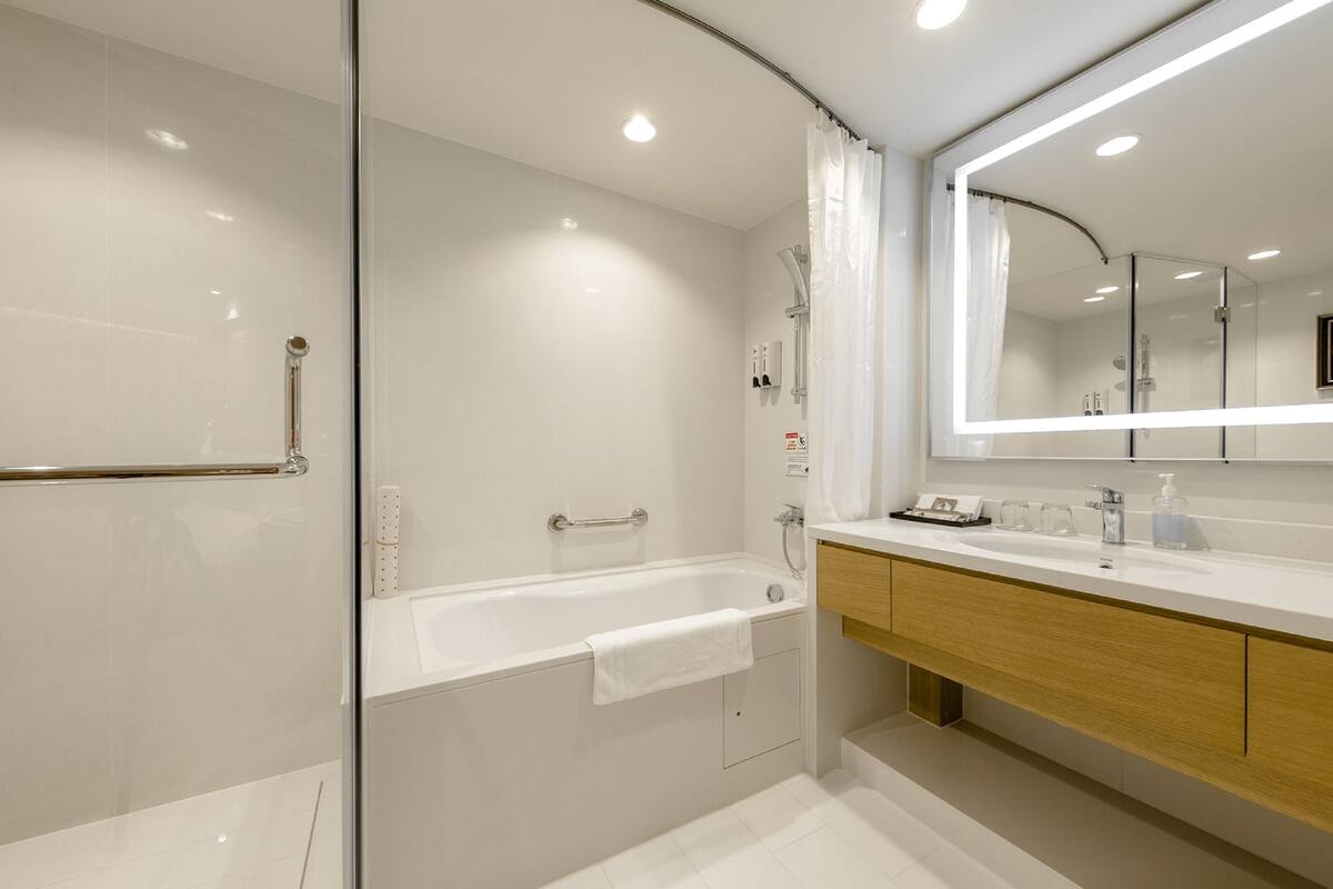 deluxe suite (partly non-smoking room (with closed window)) | bathroom | combined shower/bathtub, deep-soaking bathtub, free toiletries