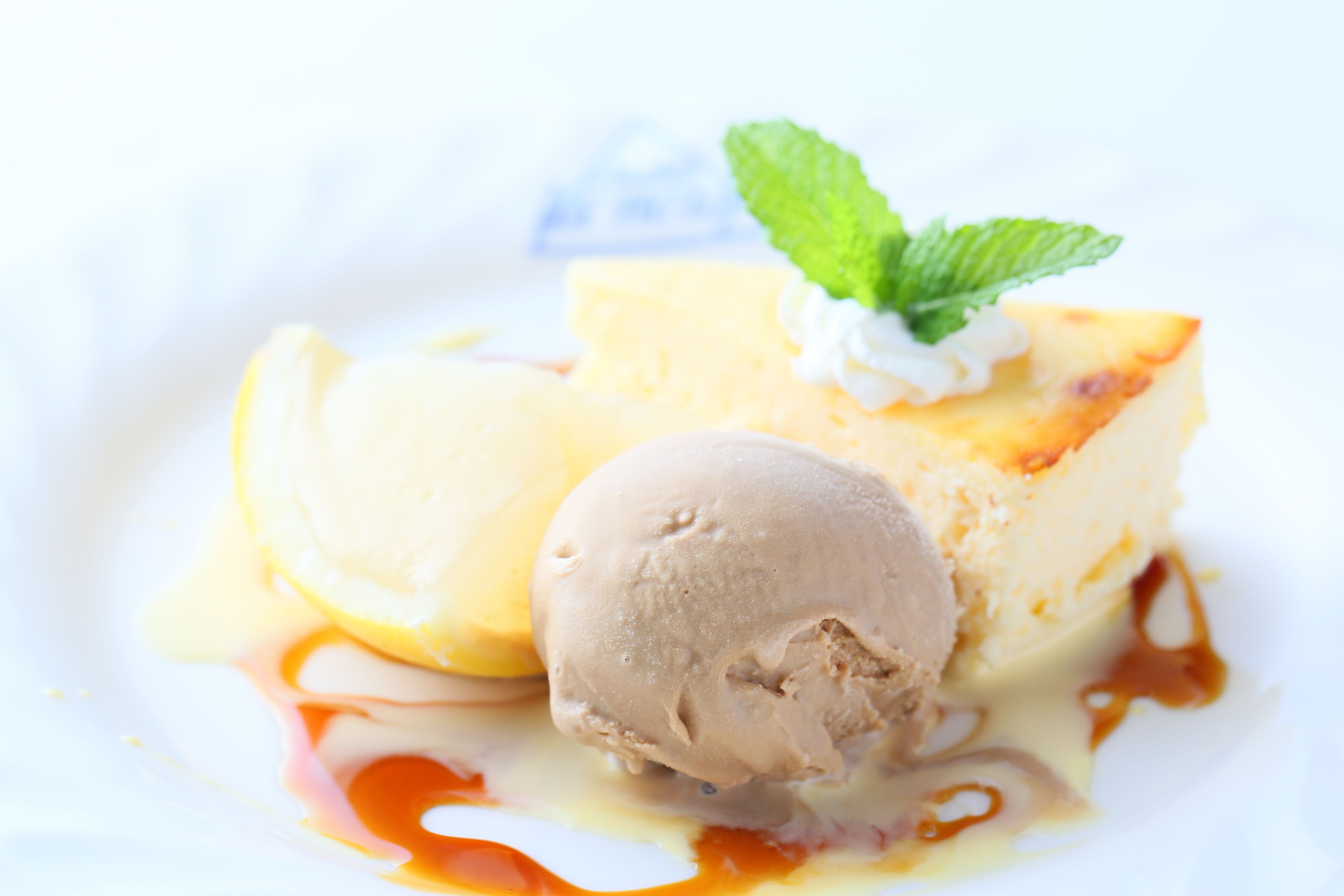 A dessert with ice cream and caramel sauce on a white plate.
