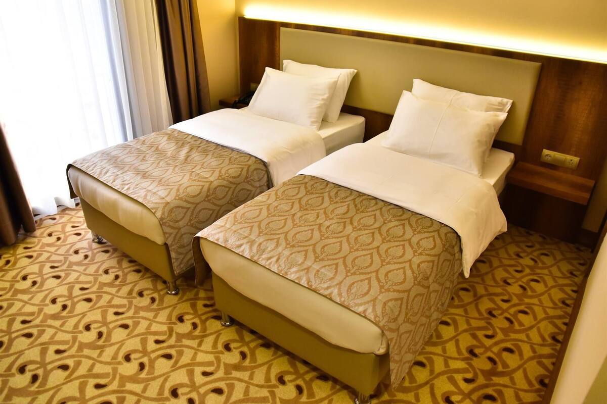 Une chambre d’hôtel avec deux lits, chacun recouvert d’une couvre-lit à motifs et agrémenté d ’oreillers blancs. La chambre est dotée d’une moquette à motifs et d’une tête de lit en bois, au-dessus de laquelle se trouve un luminaire.