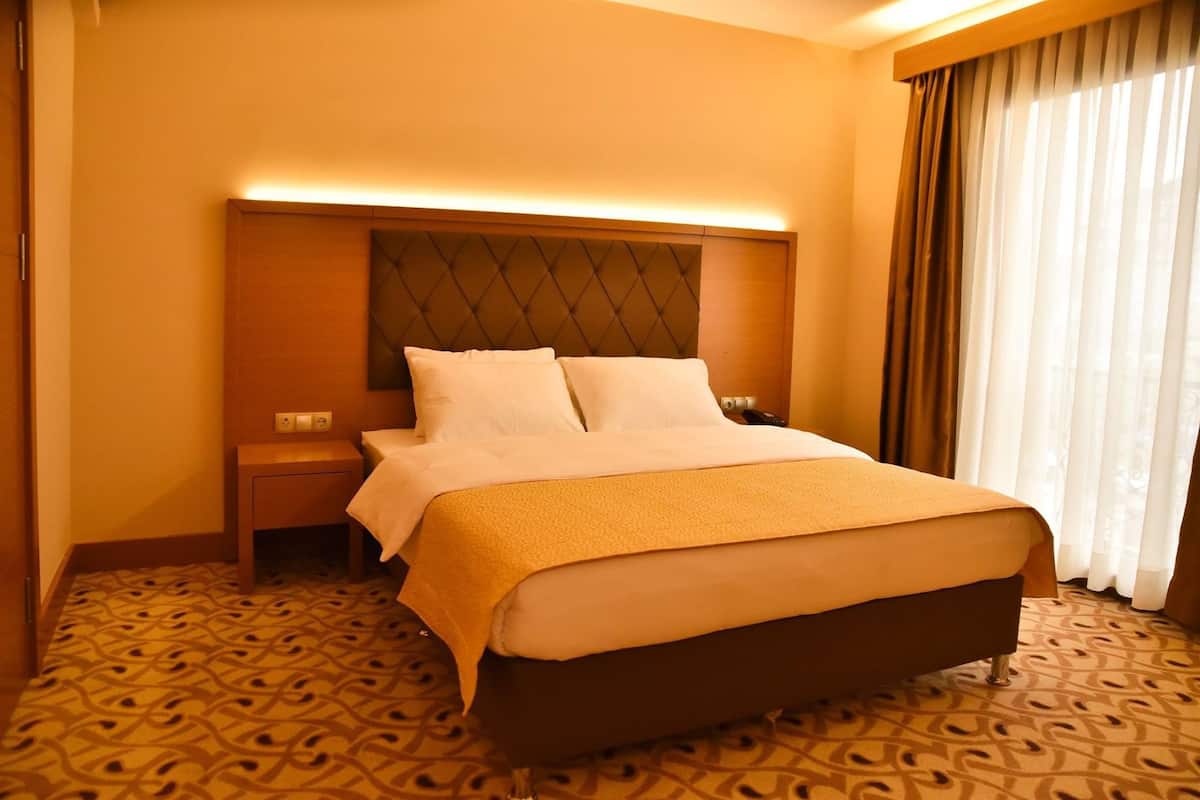 Une chambre d’hôtel avec un lit, une table de chevet et une moquette à motifs.