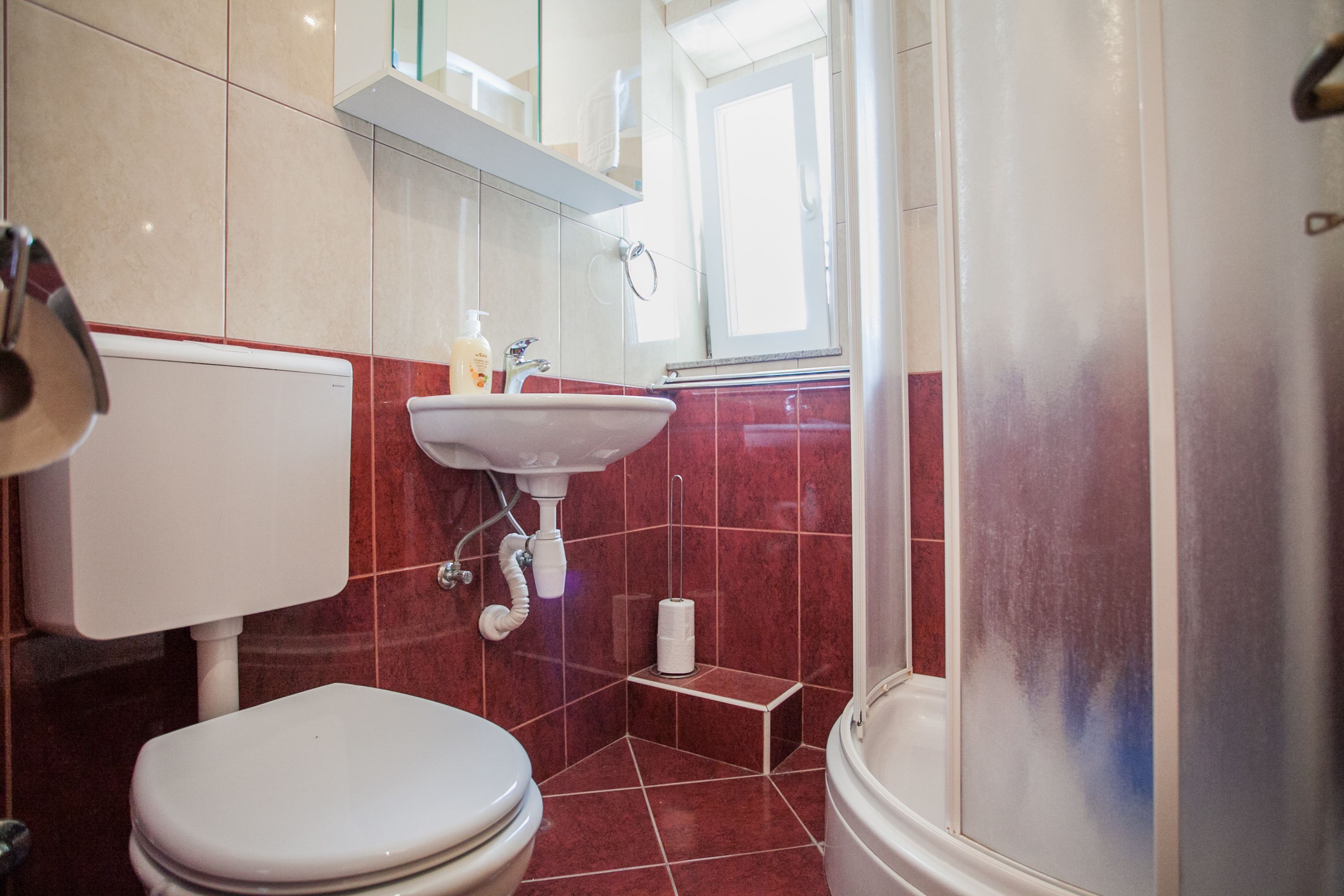 Un bagno con servizi igienici, lavabo e zona doccia.