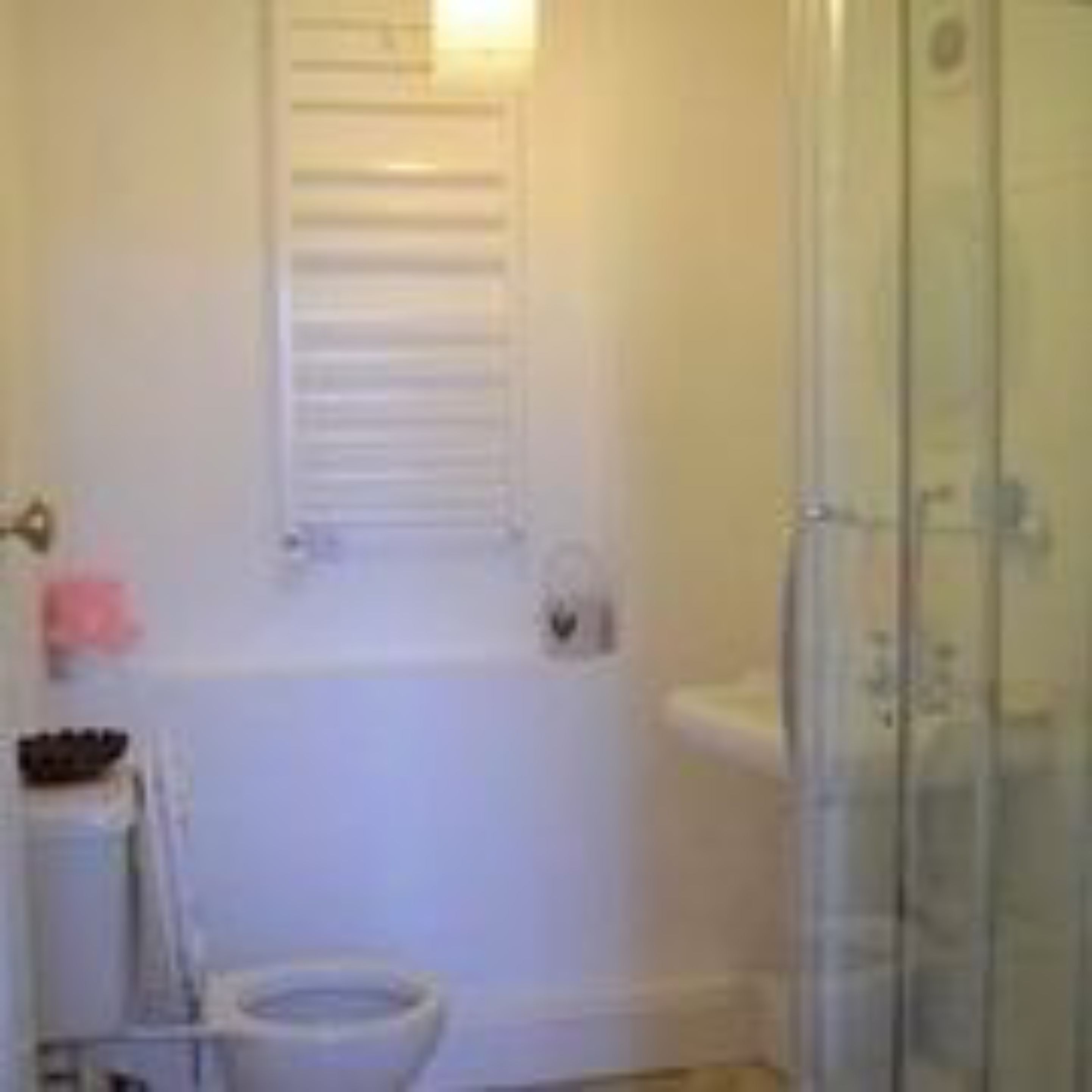 A bathroom with a toilet, a shower enclosure, and a window with blinds.
