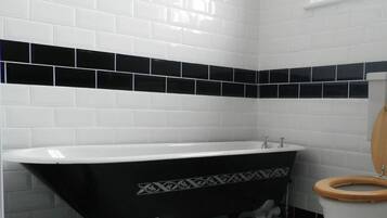 Un bagno con una vasca freestanding, un water e una finestra.