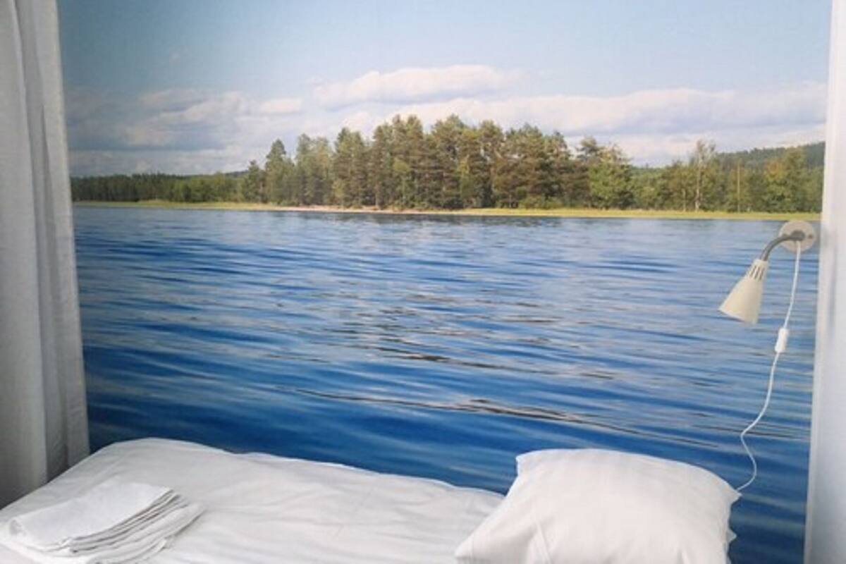 A room with a bed, a white pillow, and a wall mural of a lake with trees.