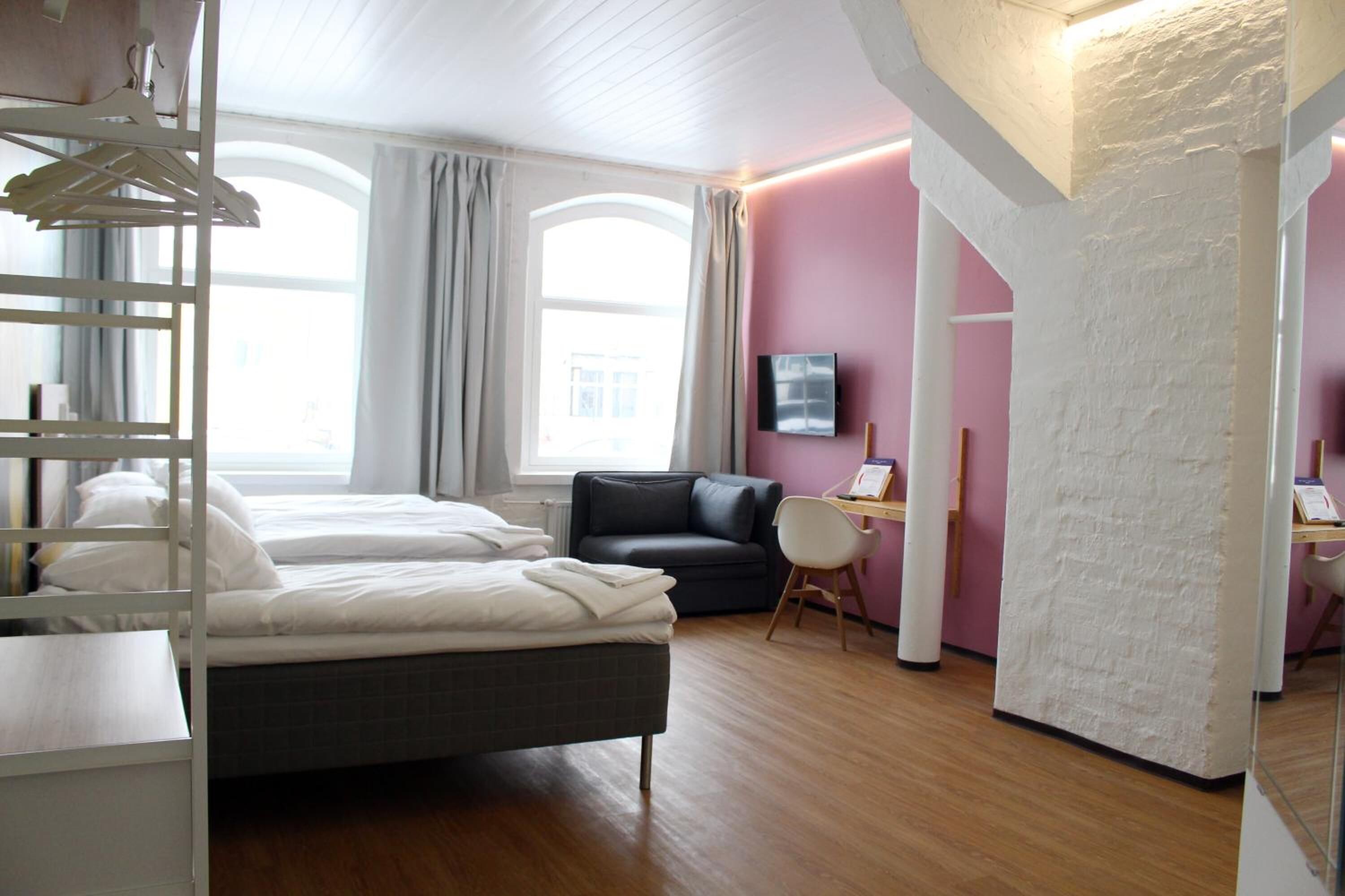 desk, blackout curtains, free wifi, bed sheets