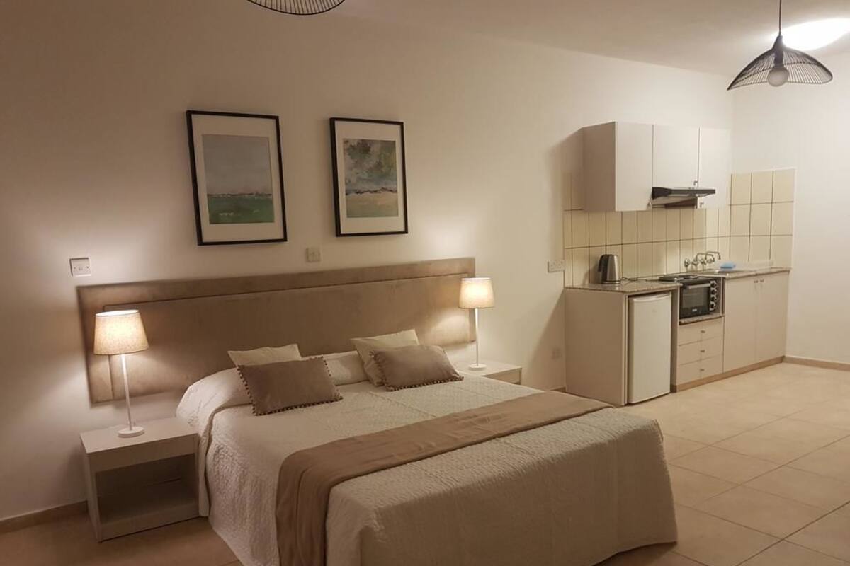 Une chambre avec un lit, des lampes de chevet, une table de chevet et une petite kitchenette équipée d’un four à micro-ondes et d’une bouilloire.