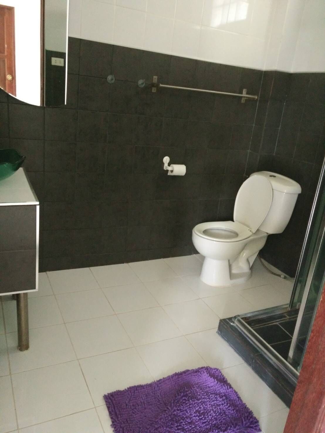 Ein Badezimmer mit Toilette, Waschbecken und Spiegel.