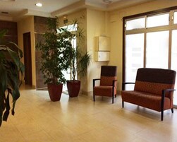 Un vestíbulo con una planta grande en maceta, dos sillones y un ventanal con persianas.