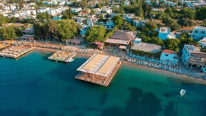 An aerial view of a coastal town with a dock, boats, and buildings.