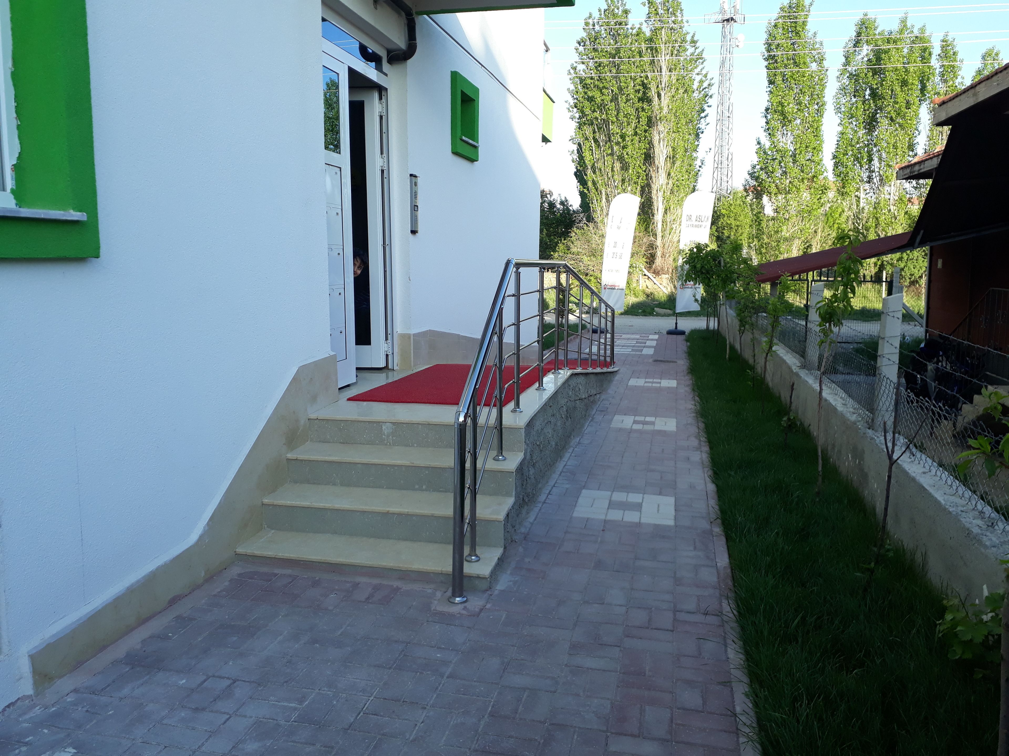 L'ingresso di un edificio con una scalinata rivestita di tappeto rosso, una ringhiera in metallo e un davanzale verde.