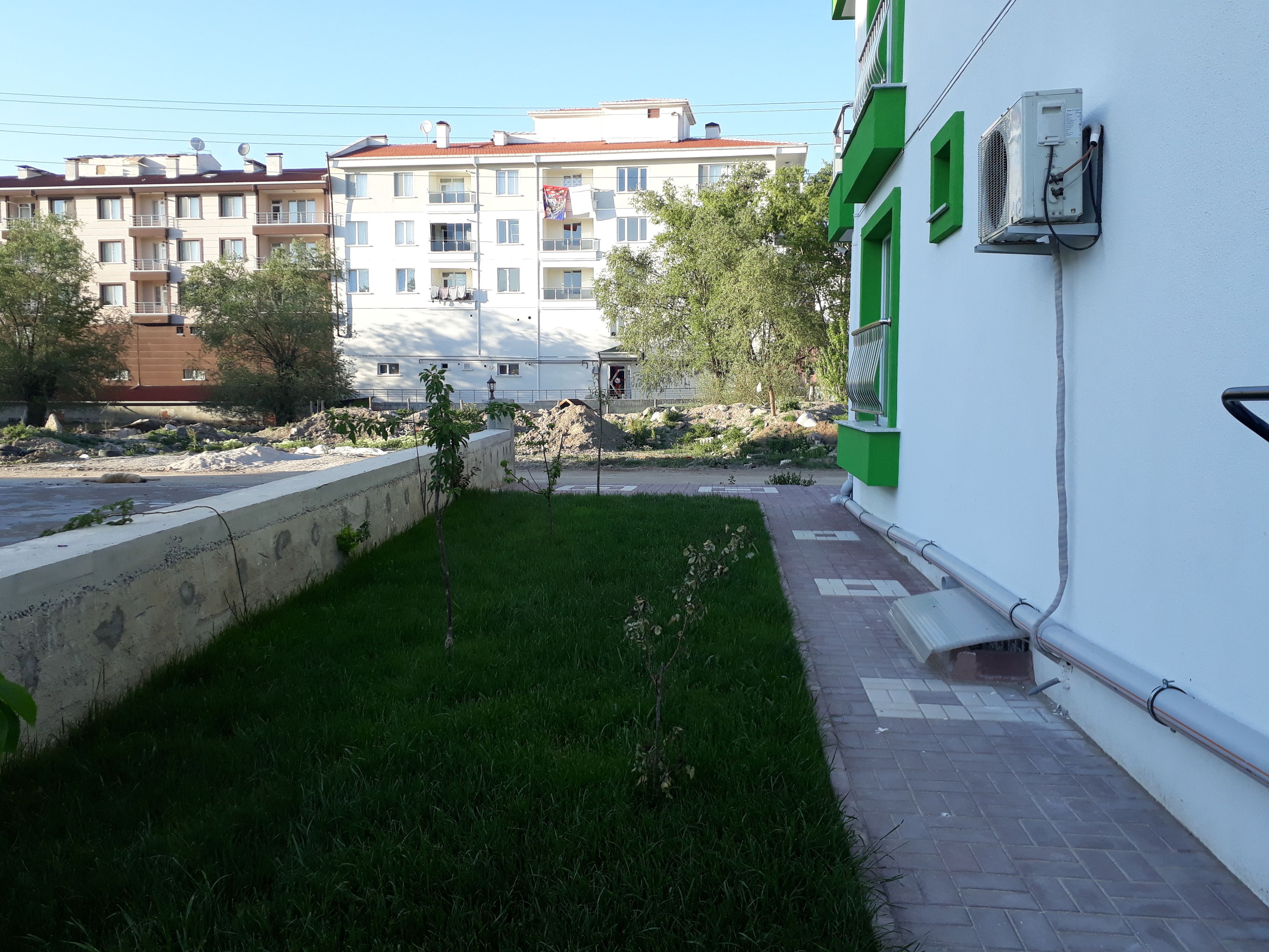 A courtyard with a green lawn, a concrete retaining wall, and a white building with green window frames.