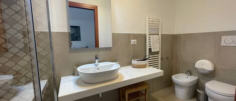 A modern bathroom with a large sink, a mirror, a towel rack, a bidet, and a toilet.