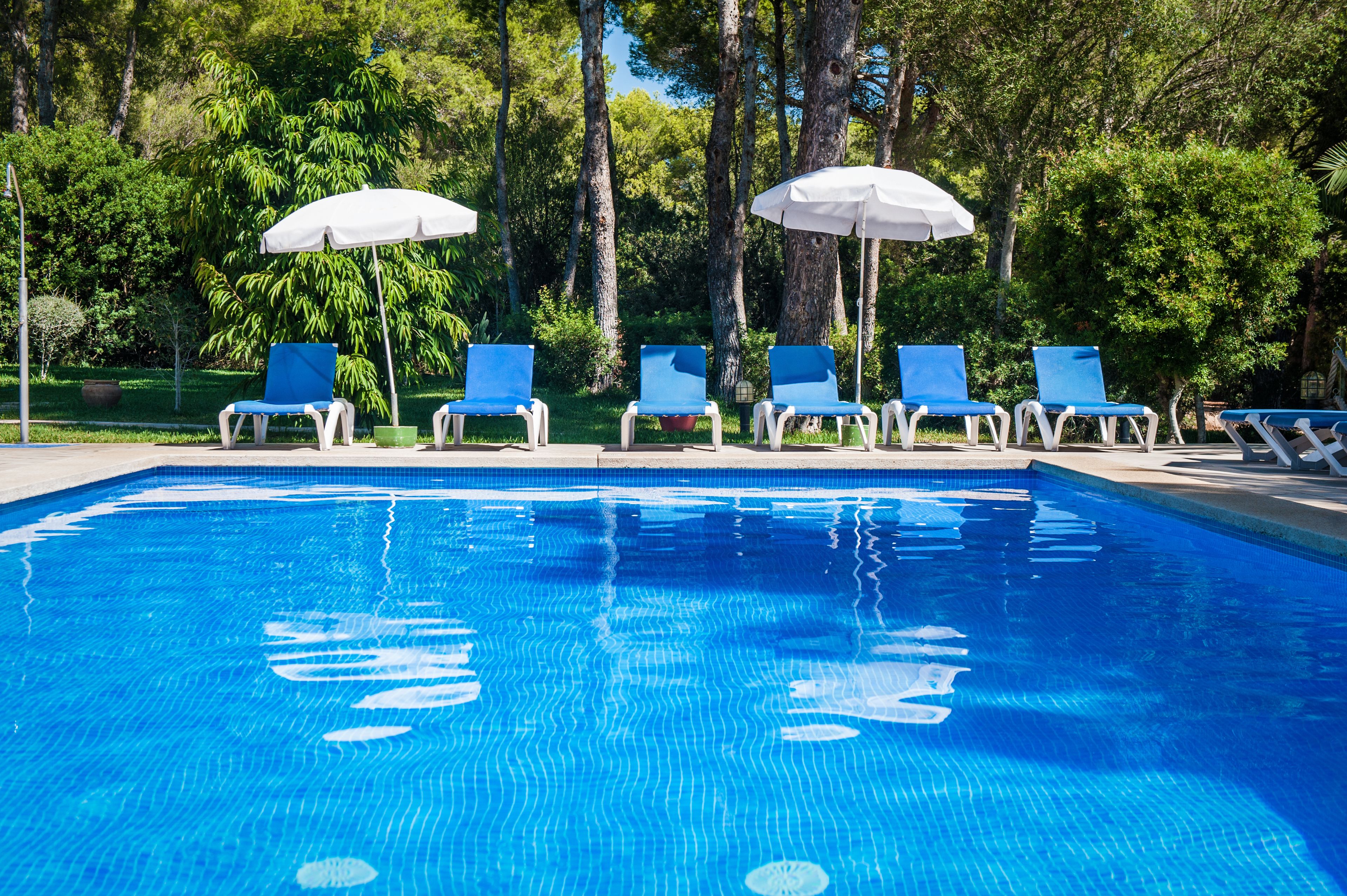 Hồ bơi ngoài trời, dù/ô trên bãi biển/hồ bơi, ghế dài tắm nắng 